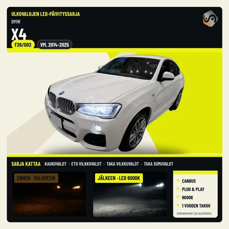 BMW X4 (G02/F98) 2014-2025 LED-päivityssarja ulkovaloihin (ajovalot, vilkut, sumuvalot, peruutusvalot)