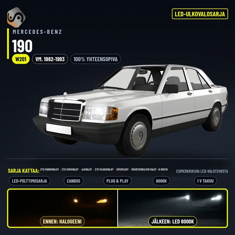 MERCEDES-BENZ 190 (W201) 1982-1993 LED-päivityssarja ulkovaloihin (ajovalot, vilkut, sumuvalot, peruutusvalot)