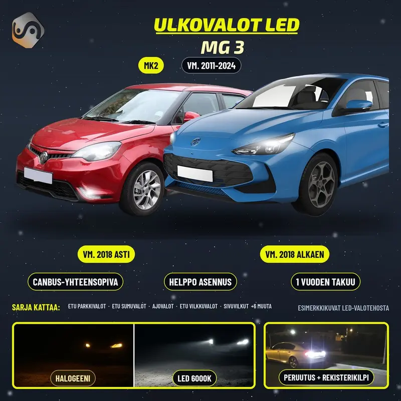 MG 3 (MK2) 2011-2024 LED-päivityssarja ulkovaloihin (ajovalot, vilkut, sumuvalot, peruutusvalot)