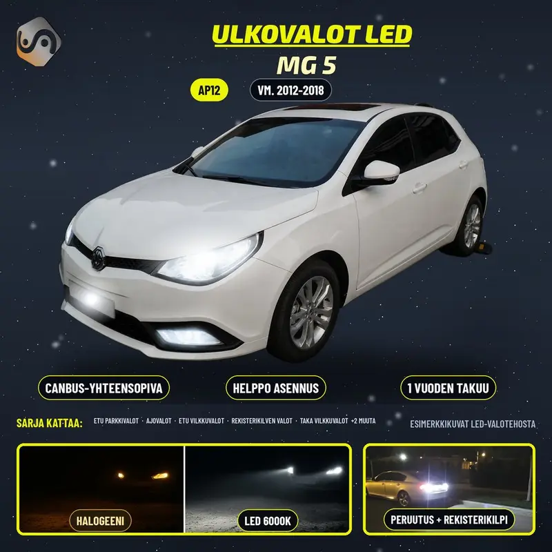 MG 5 (MK1) 2012-2018 LED-päivityssarja ulkovaloihin (ajovalot, vilkut, sumuvalot, peruutusvalot)