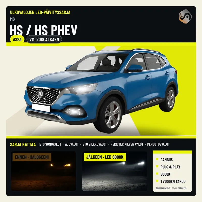 MG HS / HS PHEV (MK1) 2018--> LED-päivityssarja ulkovaloihin (ajovalot, vilkut, sumuvalot, peruutusvalot)