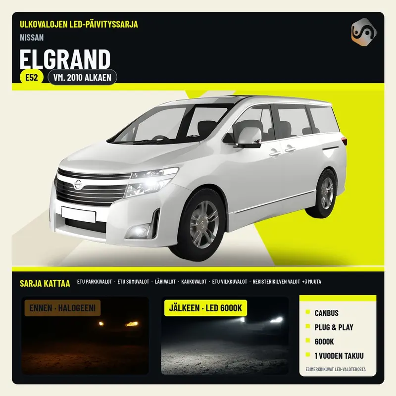 NISSAN ELGRAND (E52) 2010--> LED-päivityssarja ulkovaloihin (ajovalot, vilkut, sumuvalot, peruutusvalot)
