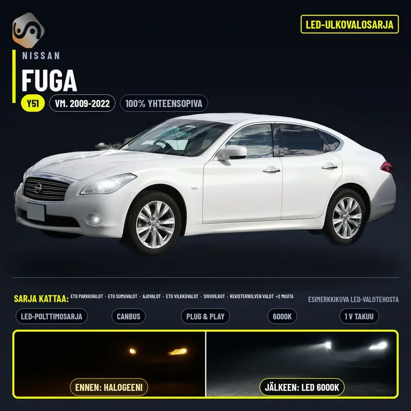 NISSAN FUGA (Y51) 2009-2022 LED-päivityssarja ulkovaloihin (ajovalot, vilkut, sumuvalot, peruutusvalot)