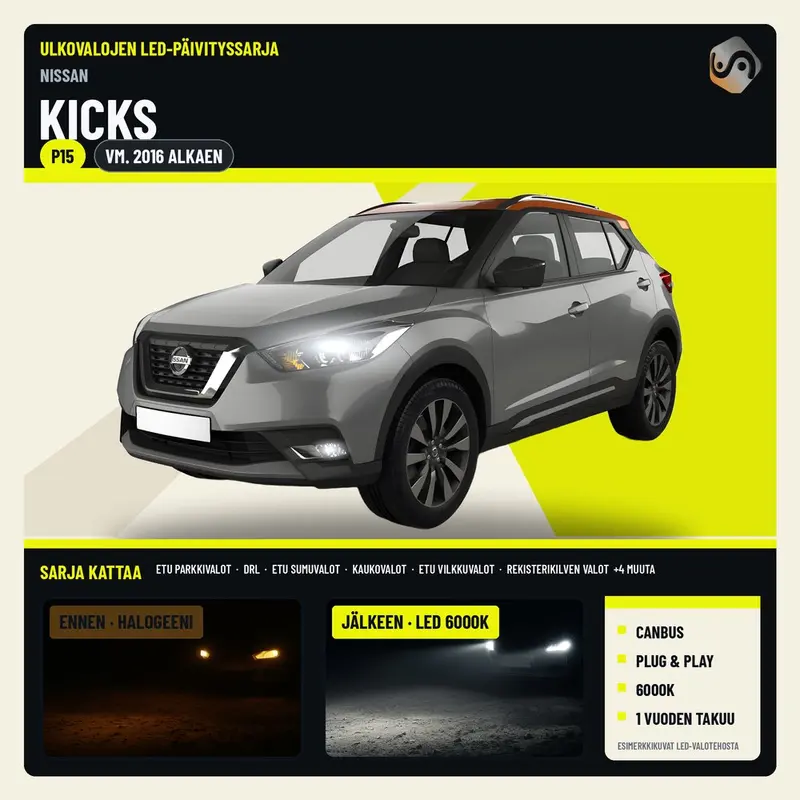 NISSAN KICKS (P15) 2016--> LED-päivityssarja ulkovaloihin (ajovalot, vilkut, sumuvalot, peruutusvalot)