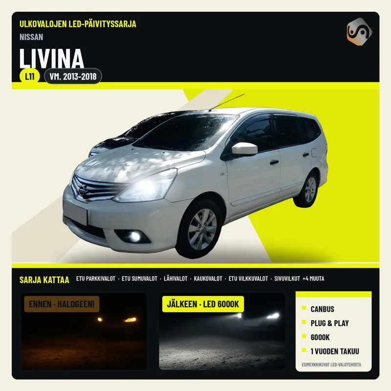 NISSAN LIVINA (L11) 2013-2018 LED-päivityssarja ulkovaloihin (ajovalot, vilkut, sumuvalot, peruutusvalot)