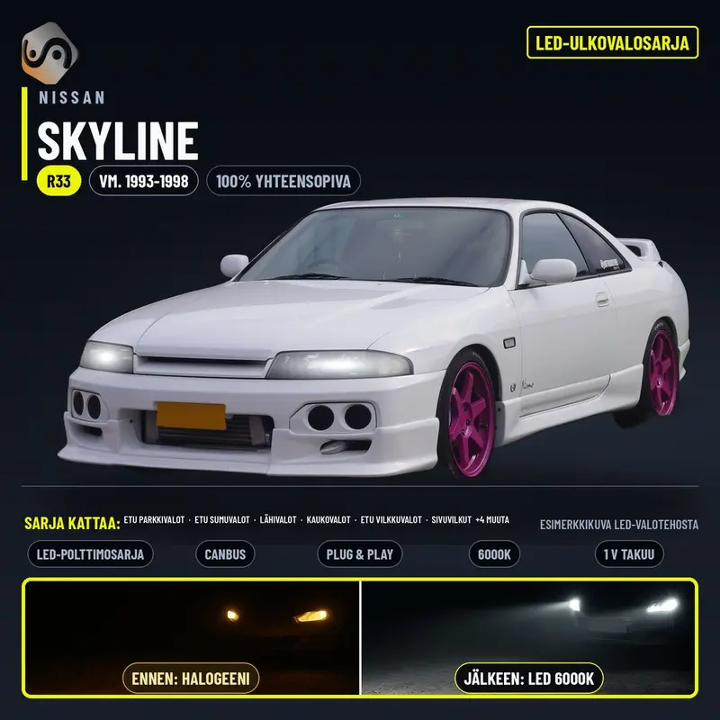 NISSAN SKYLINE (R33) 1993-1998 LED-päivityssarja ulkovaloihin (ajovalot, vilkut, sumuvalot, peruutusvalot)