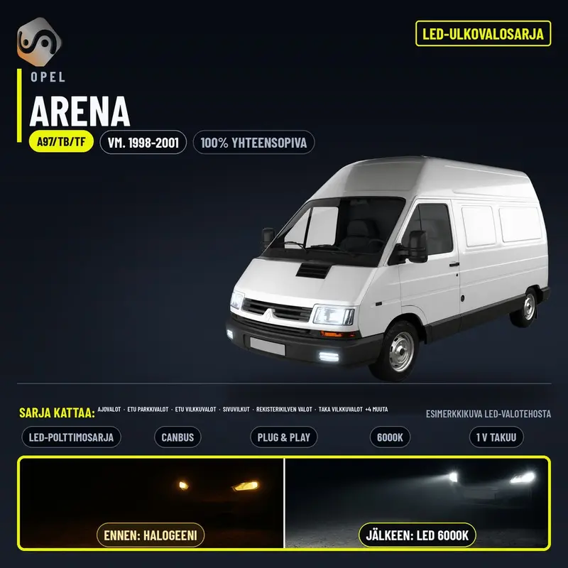 OPEL ARENA LED-päivityssarja ulkovaloihin (ajovalot, vilkut, sumuvalot, peruutusvalot)