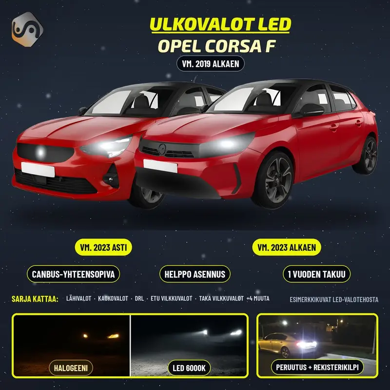 OPEL CORSA F 2019--> LED-päivityssarja ulkovaloihin (ajovalot, vilkut, sumuvalot, peruutusvalot)