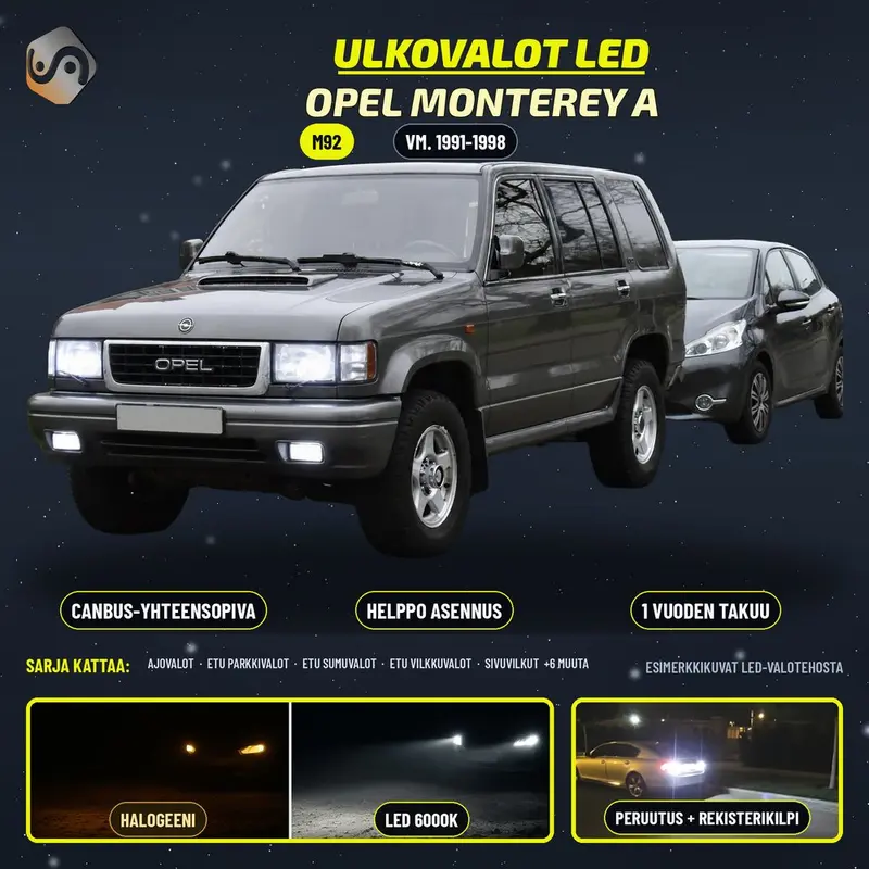 OPEL MONTEREY A 1991-1998 LED-päivityssarja ulkovaloihin (ajovalot, vilkut, sumuvalot, peruutusvalot)