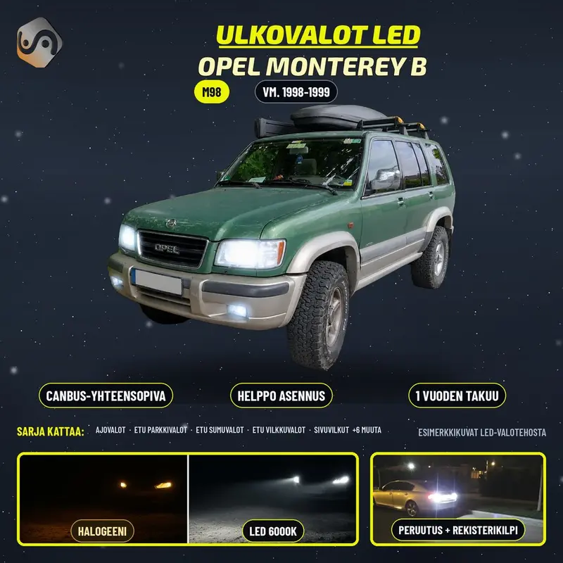 OPEL MONTEREY B 1998-1999 LED-päivityssarja ulkovaloihin (ajovalot, vilkut, sumuvalot, peruutusvalot)