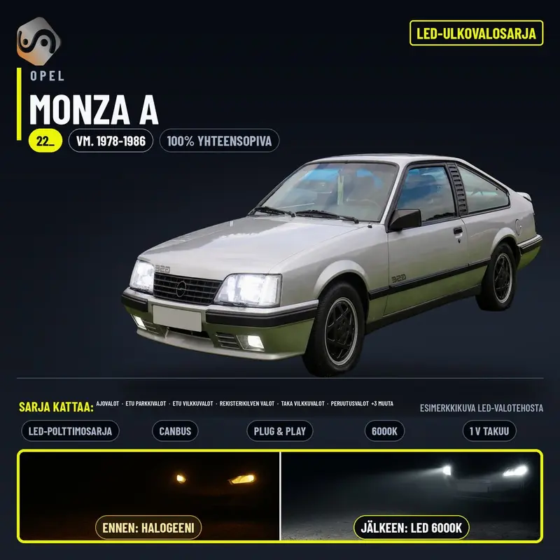 OPEL MONZA A 1978-1986 LED-päivityssarja ulkovaloihin (ajovalot, vilkut, sumuvalot, peruutusvalot)