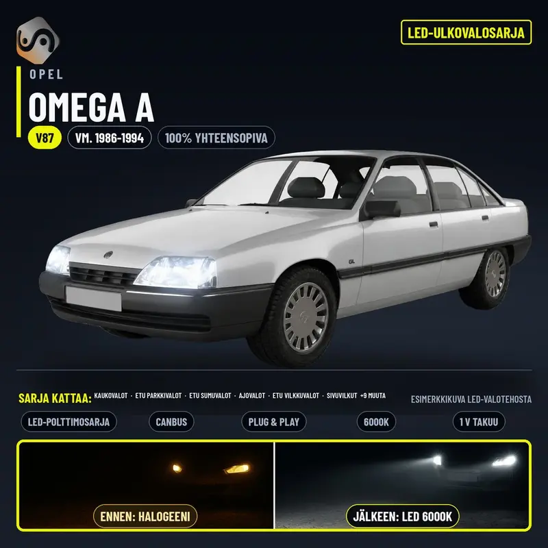 OPEL OMEGA A LED-päivityssarja ulkovaloihin (ajovalot, vilkut, sumuvalot, peruutusvalot)