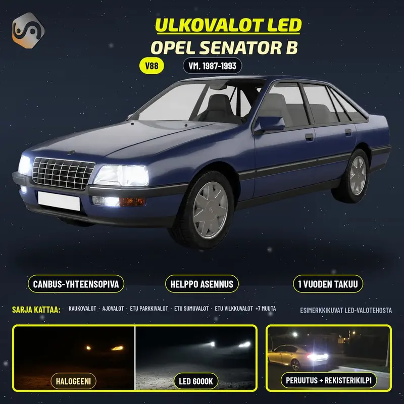 OPEL SENATOR B 1987-1993 LED-päivityssarja ulkovaloihin (ajovalot, vilkut, sumuvalot, peruutusvalot)
