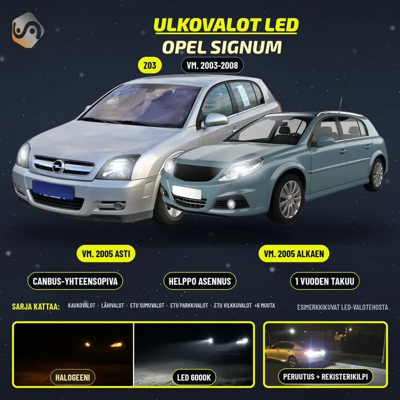 OPEL SIGNUM 2003-2008 LED-päivityssarja ulkovaloihin (ajovalot, vilkut, sumuvalot, peruutusvalot)