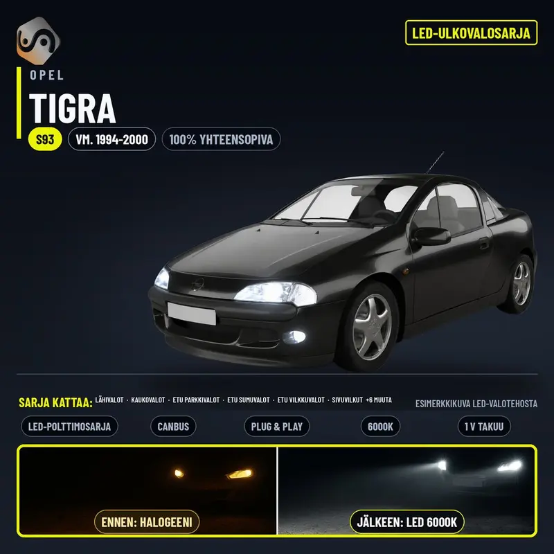 OPEL TIGRA 1994-2000 LED-päivityssarja ulkovaloihin (ajovalot, vilkut, sumuvalot, peruutusvalot)