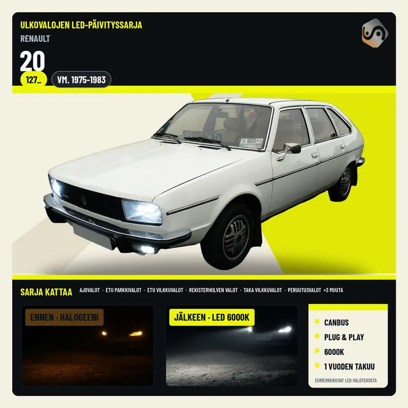 RENAULT 20 1975-1983 LED-päivityssarja ulkovaloihin (ajovalot, vilkut, sumuvalot, peruutusvalot)