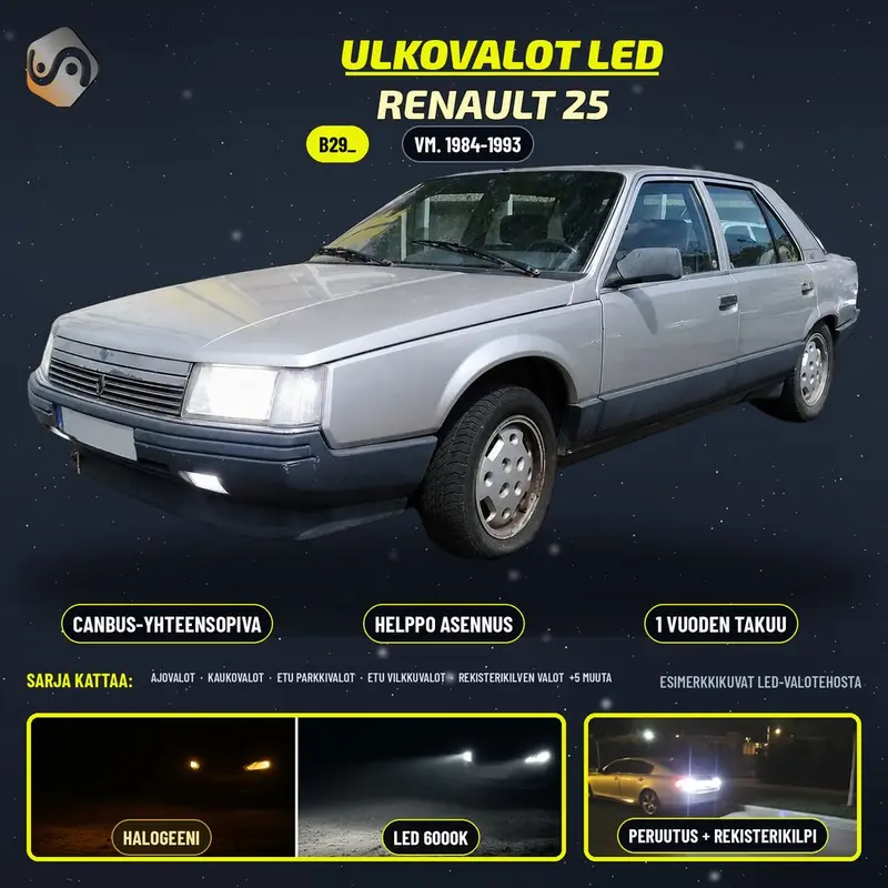 RENAULT 25 1984-1993 LED-päivityssarja ulkovaloihin (ajovalot, vilkut, sumuvalot, peruutusvalot)