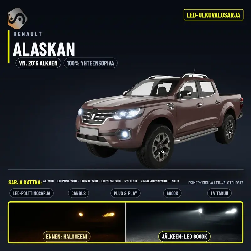 RENAULT ALASKAN 2016--> LED-päivityssarja ulkovaloihin (ajovalot, vilkut, sumuvalot, peruutusvalot)