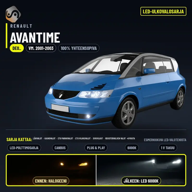 RENAULT AVANTIME 2001-2003 LED-päivityssarja ulkovaloihin (ajovalot, vilkut, sumuvalot, peruutusvalot)