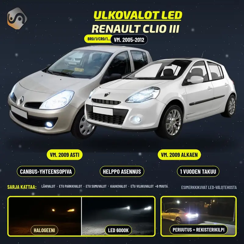 RENAULT CLIO III LED-päivityssarja ulkovaloihin (ajovalot, vilkut, sumuvalot, peruutusvalot)