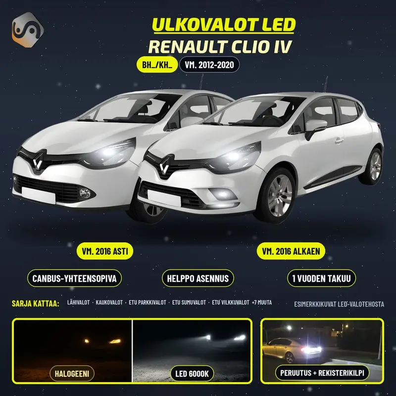 RENAULT CLIO IV LED-päivityssarja ulkovaloihin (ajovalot, vilkut, sumuvalot, peruutusvalot)