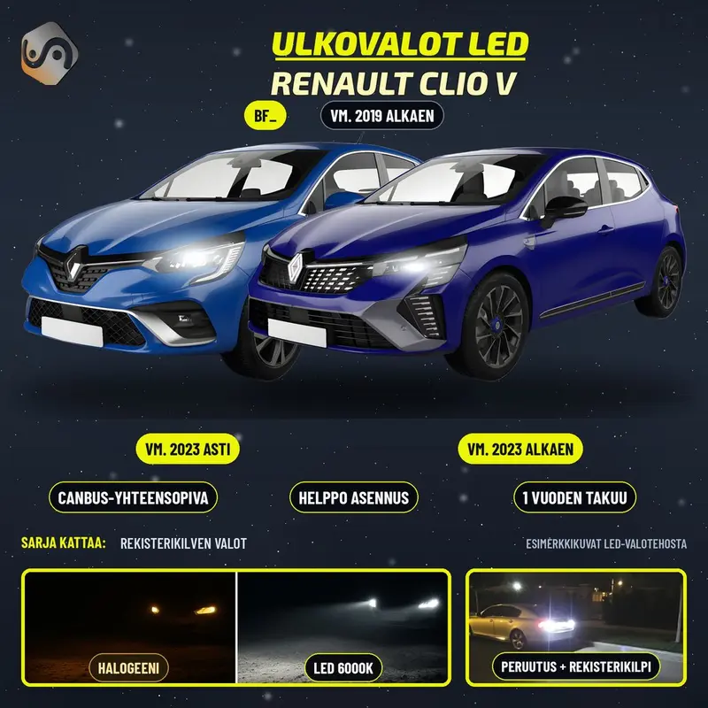 RENAULT CLIO V 2019--> LED-päivityssarja ulkovaloihin (ajovalot, vilkut, sumuvalot, peruutusvalot)