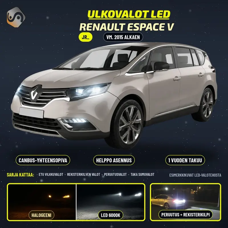 RENAULT ESPACE V 2015--> LED-päivityssarja ulkovaloihin (ajovalot, vilkut, sumuvalot, peruutusvalot)