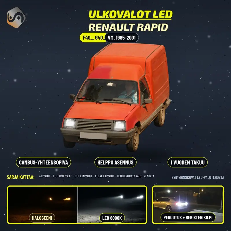 RENAULT EXPRESS 1985-2001 LED-päivityssarja ulkovaloihin (ajovalot, vilkut, sumuvalot, peruutusvalot)