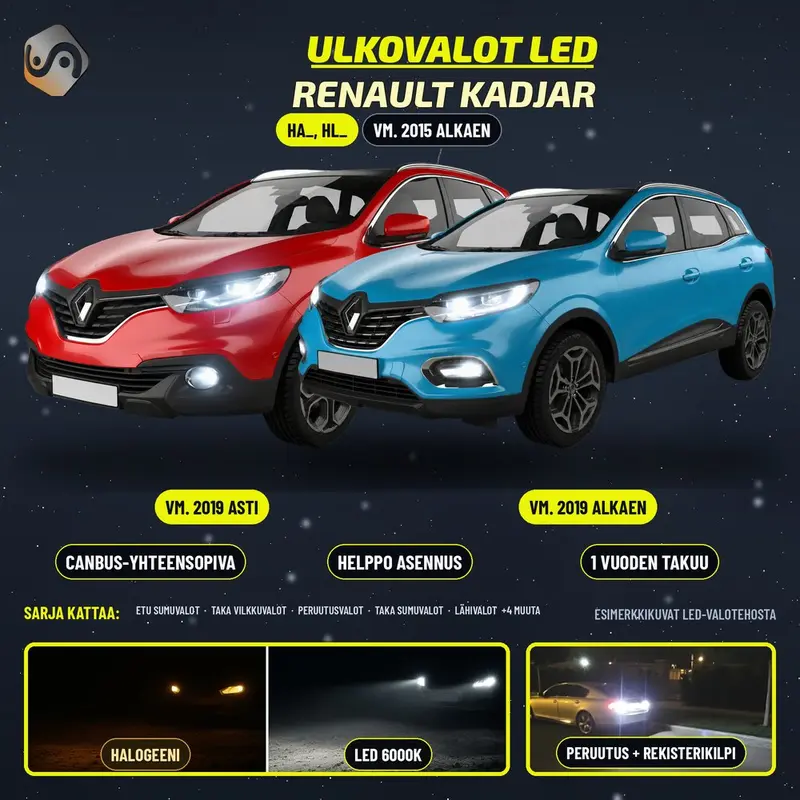 RENAULT KADJAR 2015--> LED-päivityssarja ulkovaloihin (ajovalot, vilkut, sumuvalot, peruutusvalot)