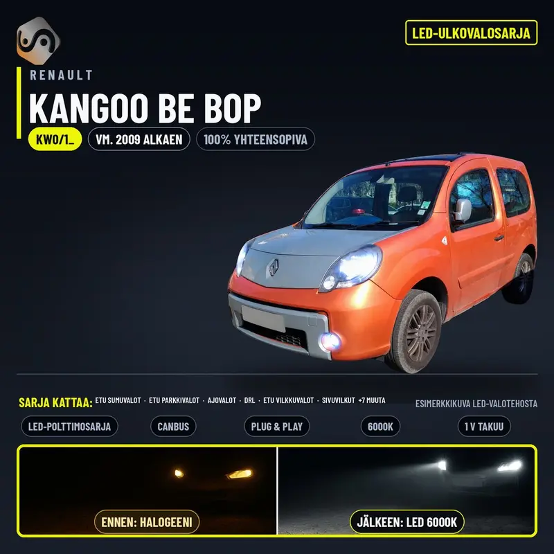 RENAULT KANGOO BE BOP 2009--> LED-päivityssarja ulkovaloihin (ajovalot, vilkut, sumuvalot, peruutusvalot)