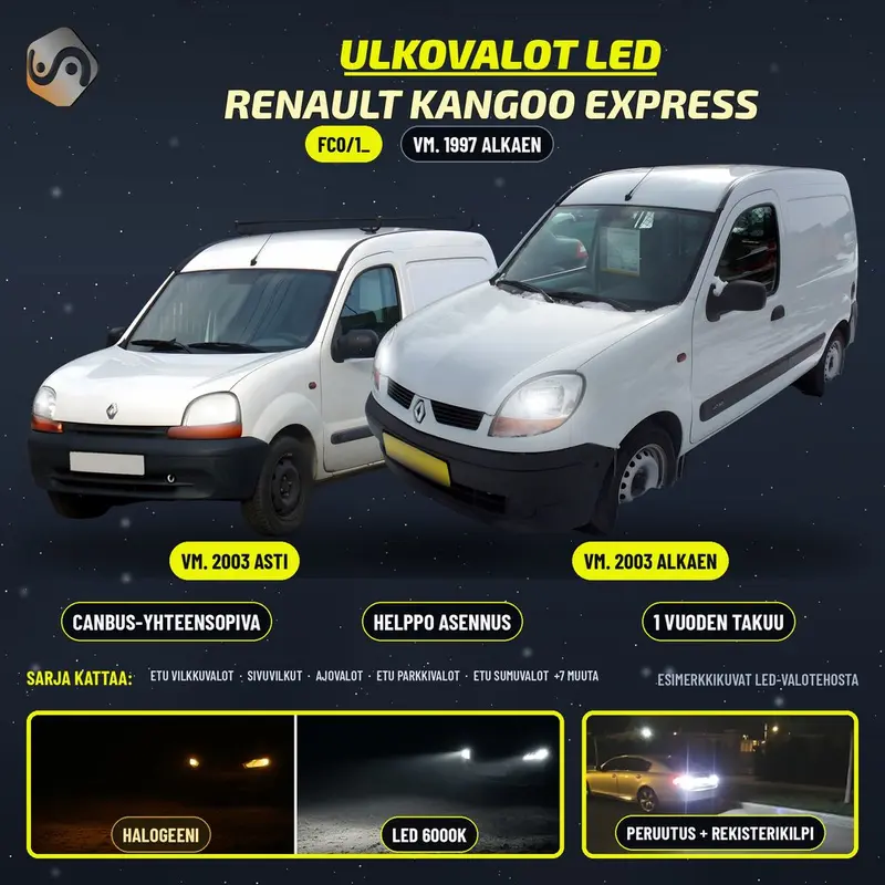 RENAULT KANGOO Express 1997--> LED-päivityssarja ulkovaloihin (ajovalot, vilkut, sumuvalot, peruutusvalot)