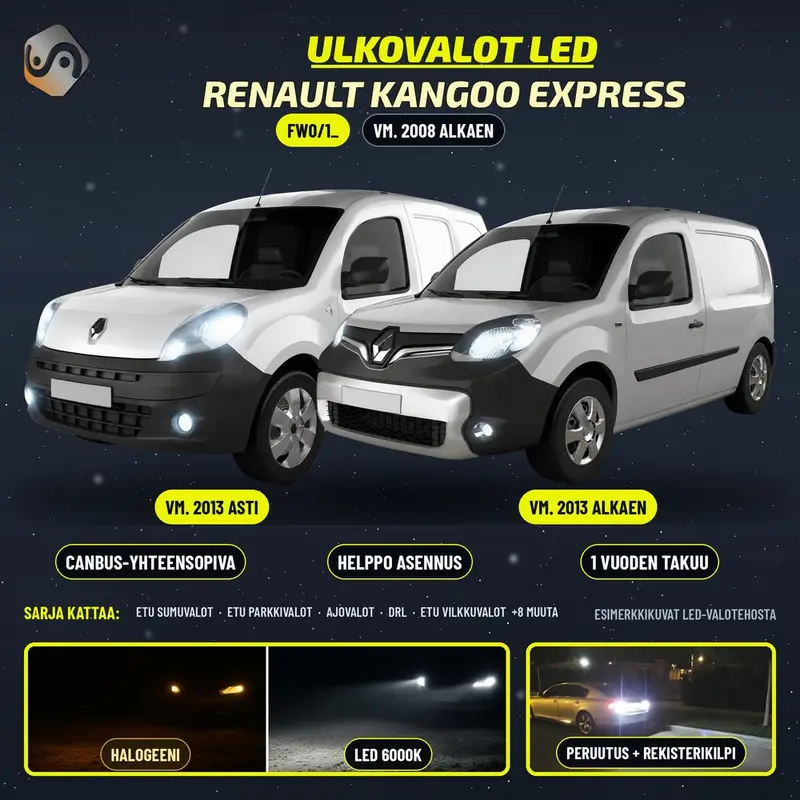 RENAULT KANGOO Express 2008--> LED-päivityssarja ulkovaloihin (ajovalot, vilkut, sumuvalot, peruutusvalot)
