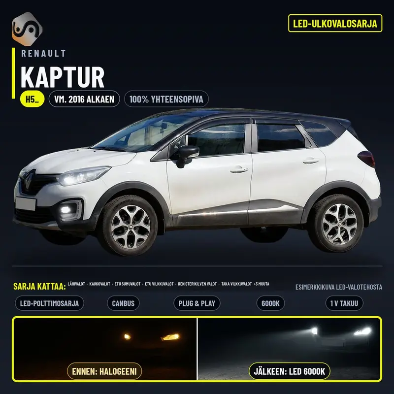 RENAULT KAPTUR 2016-2022 LED-päivityssarja ulkovaloihin (ajovalot, vilkut, sumuvalot, peruutusvalot)