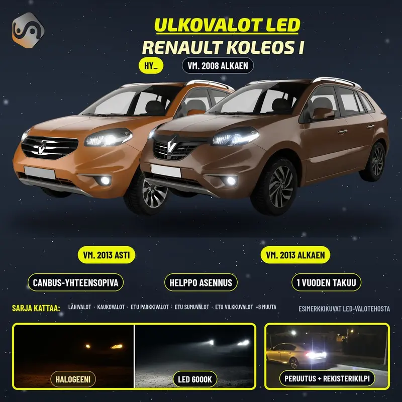 RENAULT KOLEOS I 2008--> LED-päivityssarja ulkovaloihin (ajovalot, vilkut, sumuvalot, peruutusvalot)