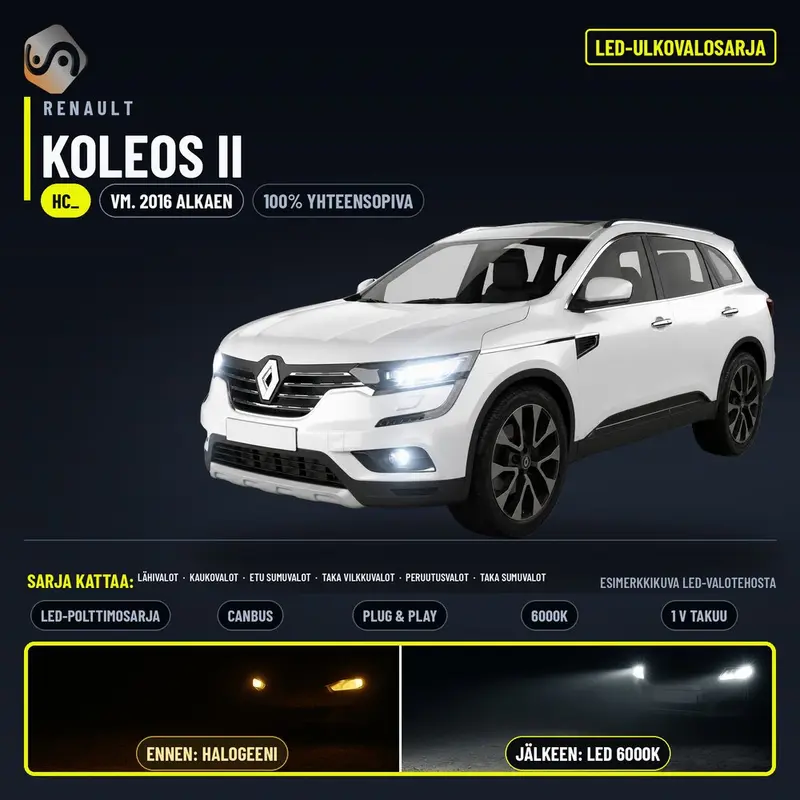 RENAULT KOLEOS II 2016--> LED-päivityssarja ulkovaloihin (ajovalot, vilkut, sumuvalot, peruutusvalot)