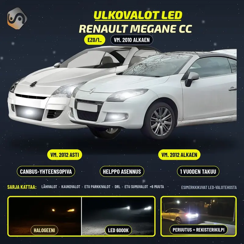 RENAULT MEGANE CC 2010--> LED-päivityssarja ulkovaloihin (ajovalot, vilkut, sumuvalot, peruutusvalot)