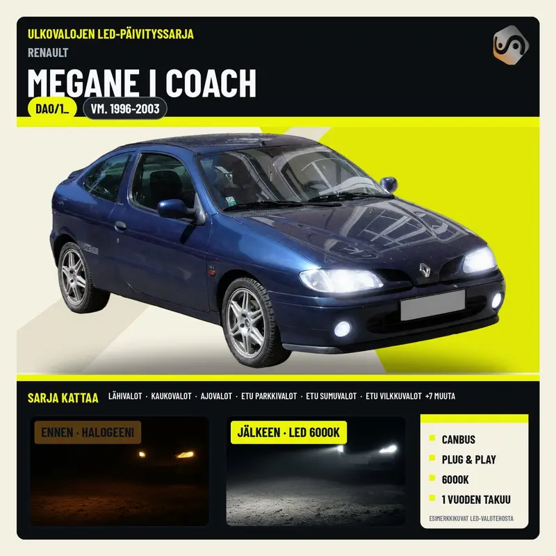 RENAULT MEGANE I Coach 1996-2003 LED-päivityssarja ulkovaloihin (ajovalot, vilkut, sumuvalot, peruutusvalot)