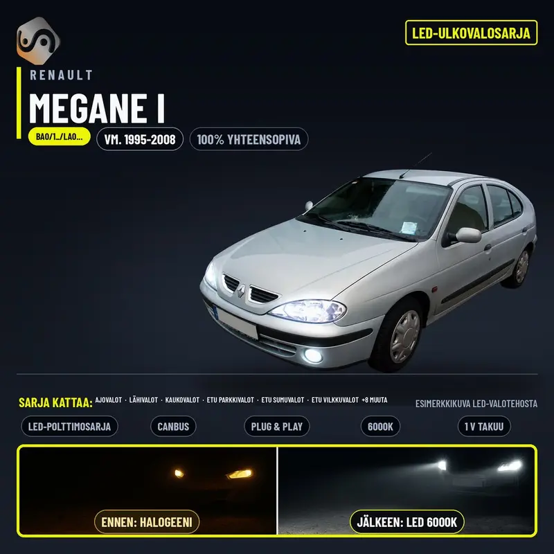 RENAULT MEGANE I LED-päivityssarja ulkovaloihin (ajovalot, vilkut, sumuvalot, peruutusvalot)