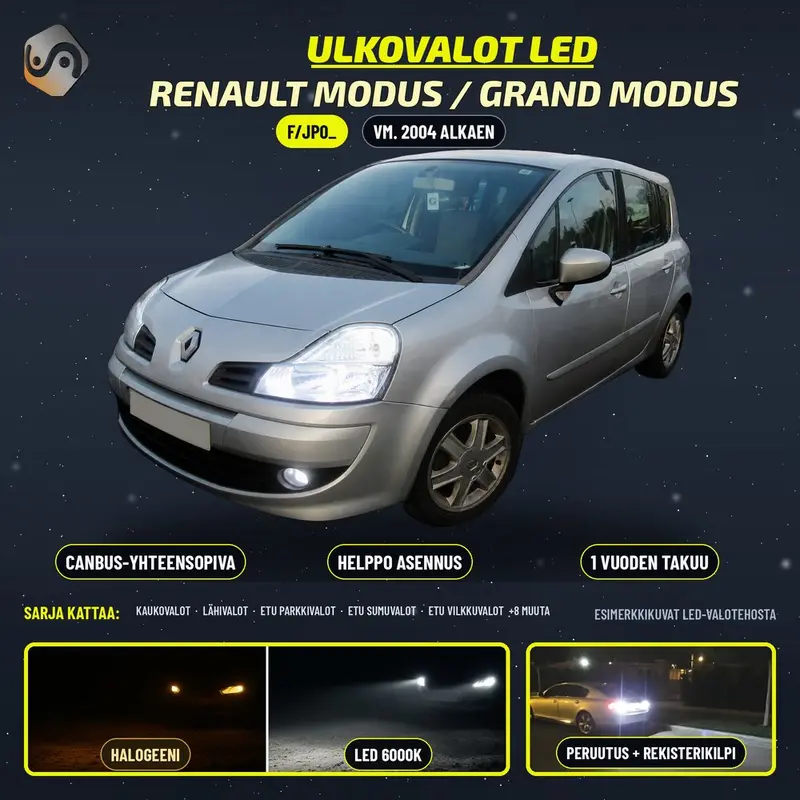 RENAULT MODUS / GRAND MODUS 2004--> LED-päivityssarja ulkovaloihin (ajovalot, vilkut, sumuvalot, peruutusvalot)
