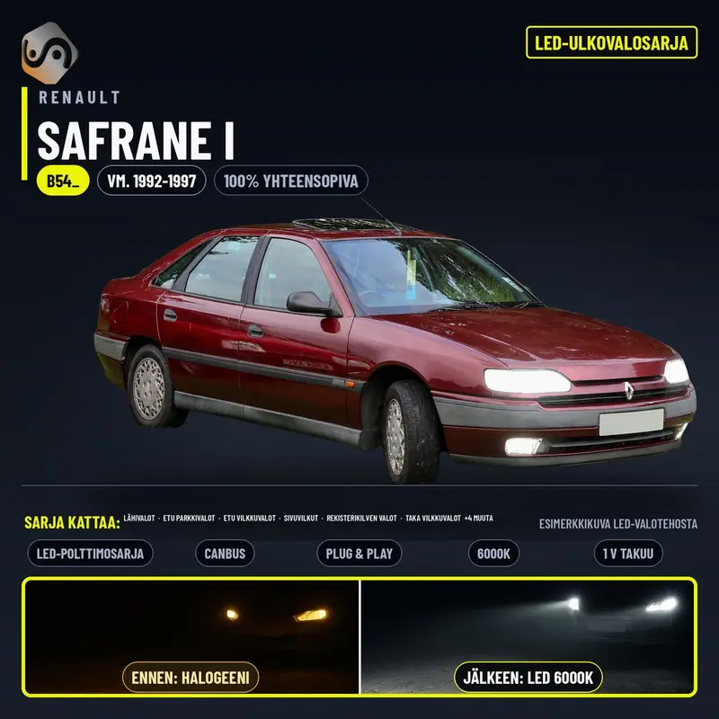 RENAULT SAFRANE I 1992-1997 LED-päivityssarja ulkovaloihin (ajovalot, vilkut, sumuvalot, peruutusvalot)