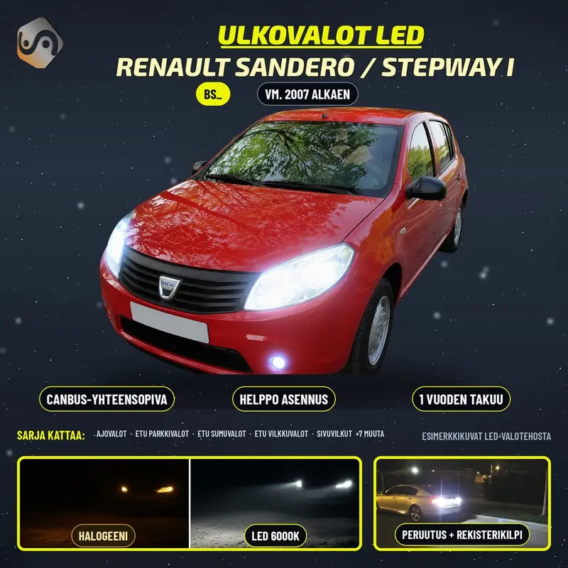 RENAULT SANDERO / STEPWAY I 2007--> LED-päivityssarja ulkovaloihin (ajovalot, vilkut, sumuvalot, peruutusvalot)