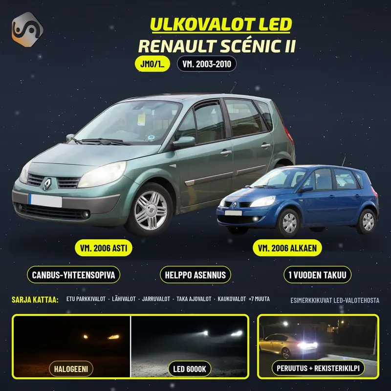 RENAULT SCÉNIC II 2003-2010 LED-päivityssarja ulkovaloihin (ajovalot, vilkut, sumuvalot, peruutusvalot)