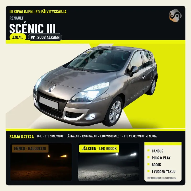 RENAULT SCÉNIC III 2008--> LED-päivityssarja ulkovaloihin (ajovalot, vilkut, sumuvalot, peruutusvalot)