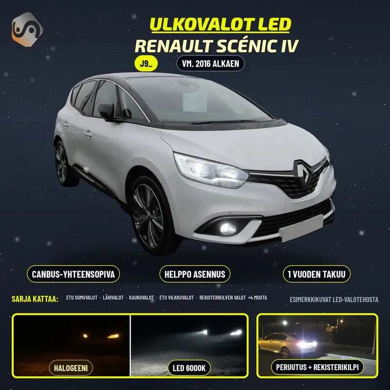 RENAULT SCÉNIC IV 2016--> LED-päivityssarja ulkovaloihin (ajovalot, vilkut, sumuvalot, peruutusvalot)