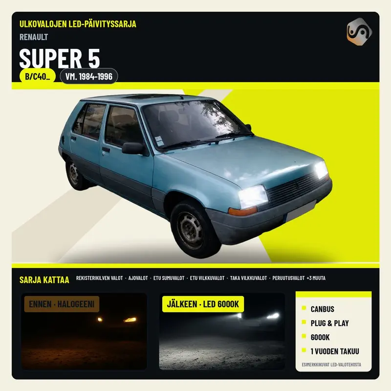 RENAULT SUPER 5 1984-1996 LED-päivityssarja ulkovaloihin (ajovalot, vilkut, sumuvalot, peruutusvalot)