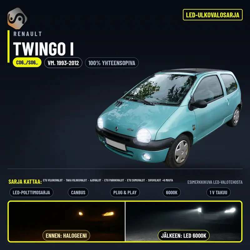 RENAULT TWINGO I LED-päivityssarja ulkovaloihin (ajovalot, vilkut, sumuvalot, peruutusvalot)