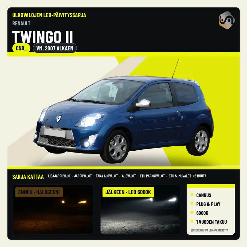 RENAULT TWINGO II 2007--> LED-päivityssarja ulkovaloihin (ajovalot, vilkut, sumuvalot, peruutusvalot)