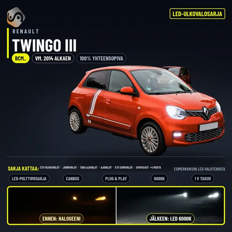 RENAULT TWINGO III 2014--> LED-päivityssarja ulkovaloihin (ajovalot, vilkut, sumuvalot, peruutusvalot)