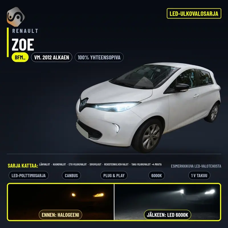 RENAULT ZOE 2012--> LED-päivityssarja ulkovaloihin (ajovalot, vilkut, sumuvalot, peruutusvalot)