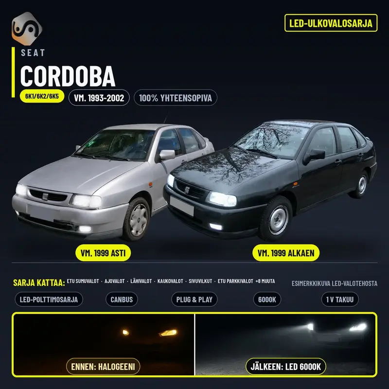 SEAT CORDOBA (6K1/6K2/6K5) LED-päivityssarja ulkovaloihin (ajovalot, vilkut, sumuvalot, peruutusvalot)